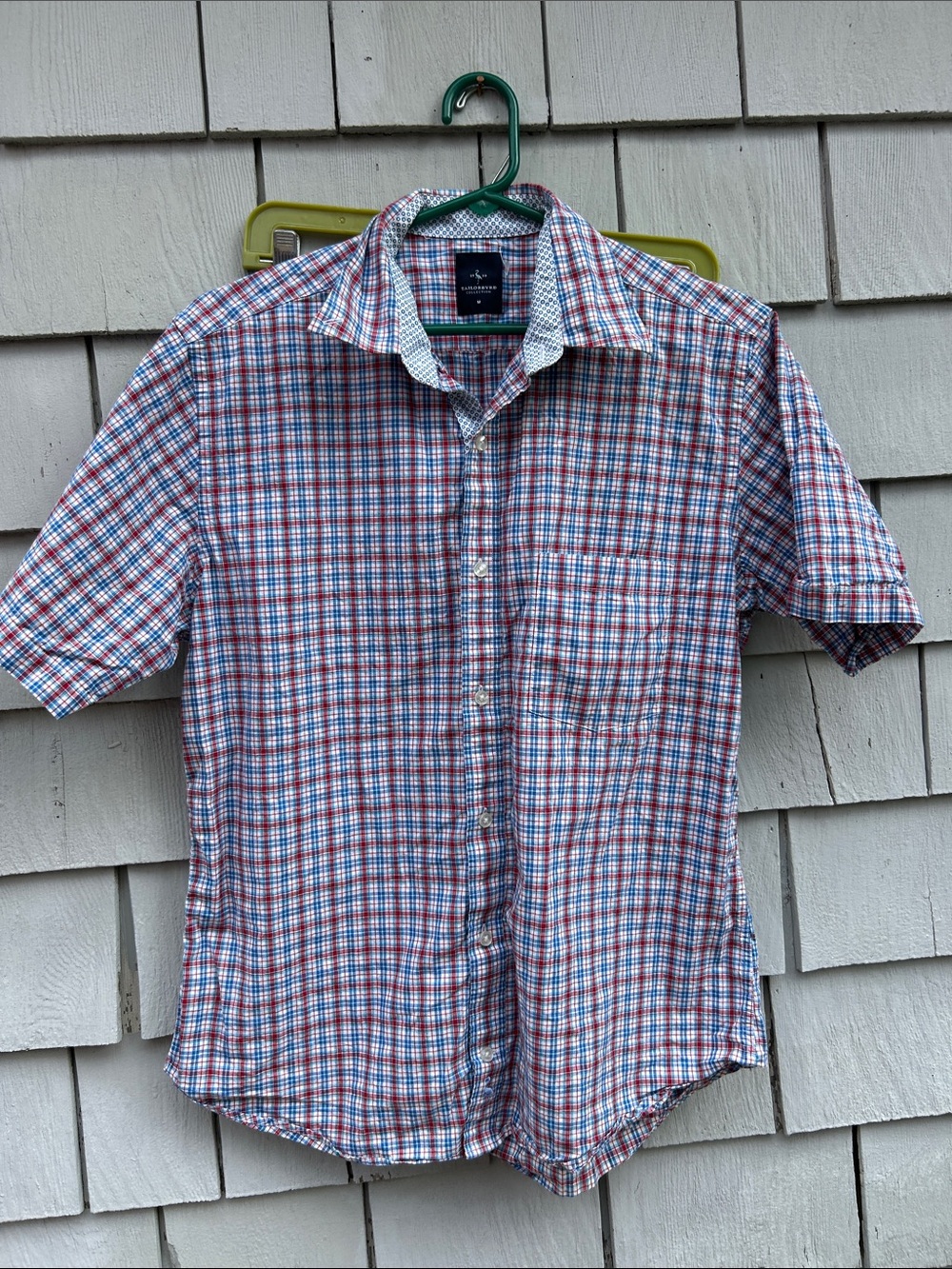 Tailorbyrd Red, Blue and White Plaid Short-Sleeve Button-Down Shirt- Med